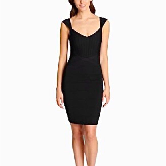 Guess LBD sweetheart neck black stretch structure bandage bodycon knit Dress 4 - Picture 1 of 12